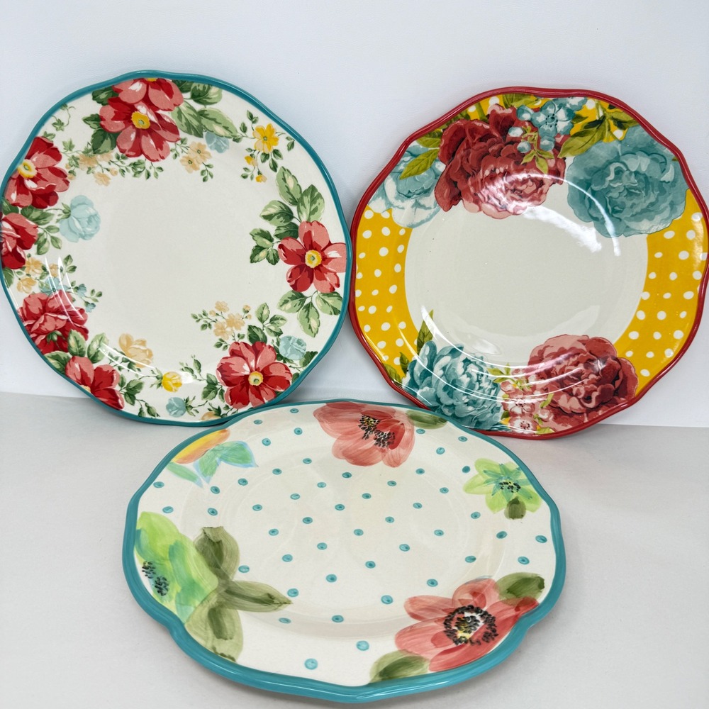 Pioneer Woman Dinner Plates Set of 3 Floral Scalloped Polka Dots